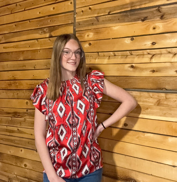 Red Aztec Babydoll Top