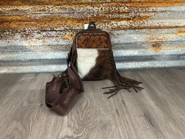 TR Cowhide Tooled Fringe Sling Bag