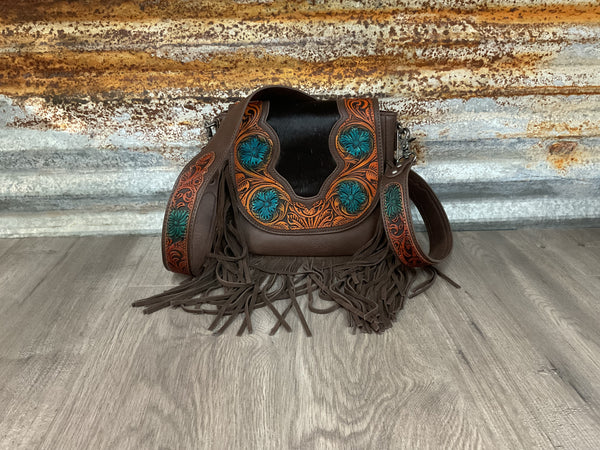 TR Coffee Cowhide Tooled Fringe Crossbody