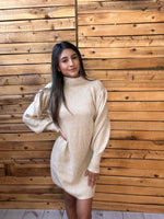 MOCK NECK LONG PUFF SLEEVE KNIT SWEATER DRESS