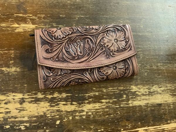 Tooled & Painted Leather Wallet with Turquoise – The Feathered Filly